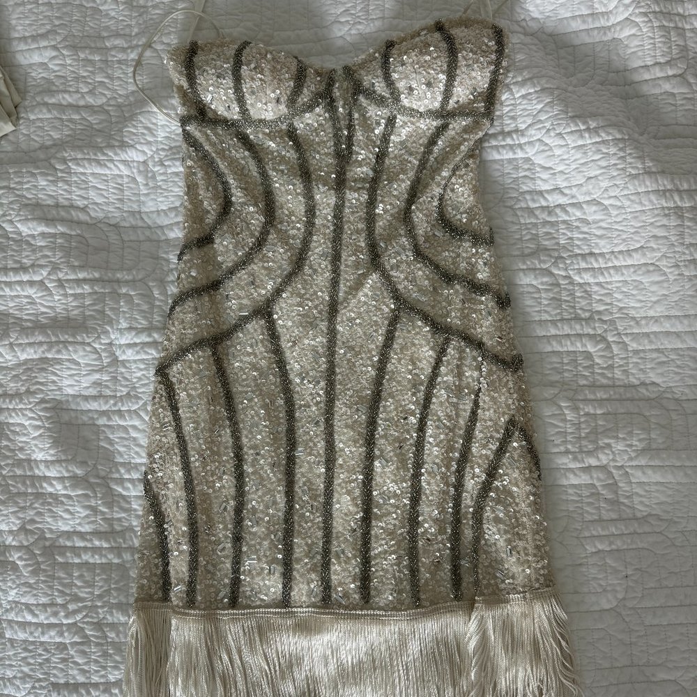 Aidan Mattox white sequin fringe mini dress 0